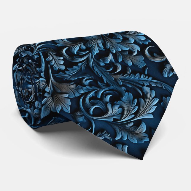 Beautiful Blue Faux Tooled Leather  Tie (Rolled)