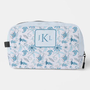 Beautiful Blue Floral and Blue Striped Monogrammed Dopp Kit