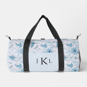 Beautiful Blue Floral and Blue Striped Monogrammed Duffle Bag