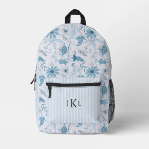 Beautiful Blue Floral and Blue Striped Monogrammed Printed Backpack