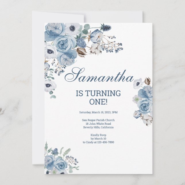 Beautiful Blue Floral Birthday Invitation (Front)