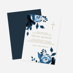 Beautiful Blue Floral Cross Baptism Invitation