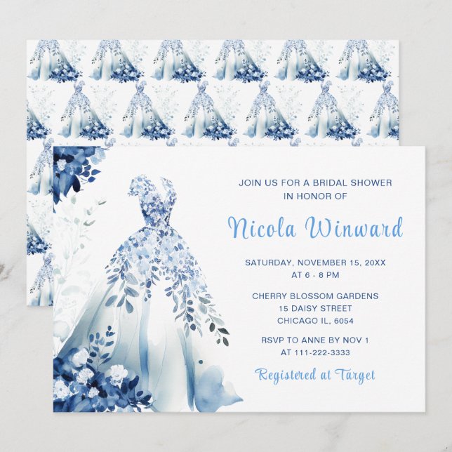 Beautiful Blue Floral Dress Bridal Shower Invitation (Front/Back)