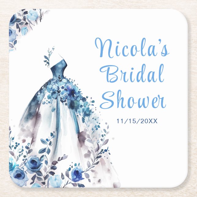 Beautiful Blue Floral Dress Bridal Shower Square Paper Coaster (Front)