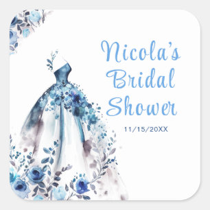 Beautiful Blue Floral Dress Bridal Shower Square Sticker