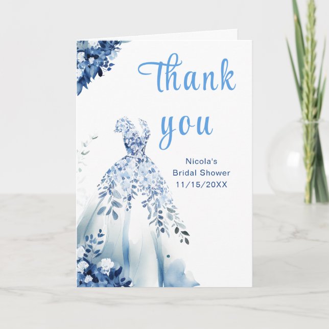 Beautiful Blue Floral Dress Bridal Shower Thank You Card (Front)