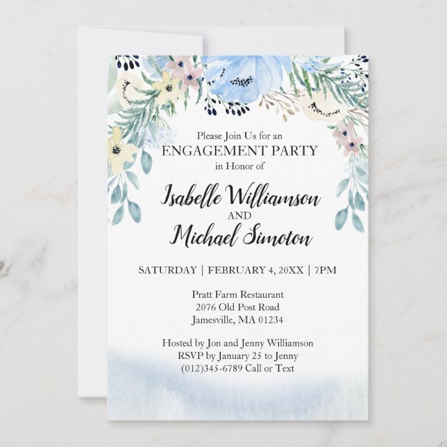 Beautiful Blue Floral Engagement Party Invitations (Front)