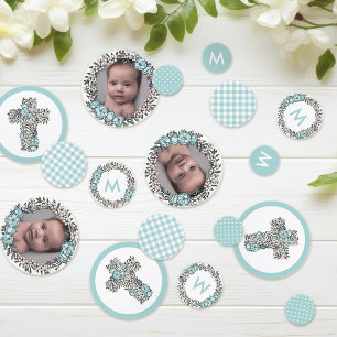 Beautiful Blue Floral Frame Cross Photo Baptism Confetti