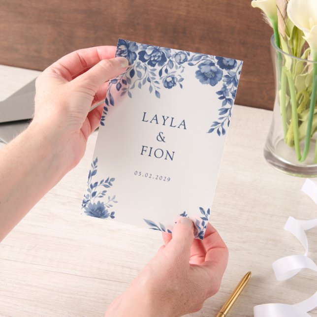 Beautiful Blue Floral Frame Vellum Invitations (Handheld)