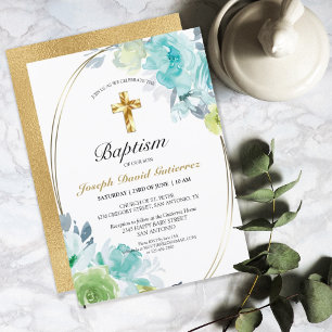 Beautiful Blue Floral Gold Cross Baby Baptism Invitation