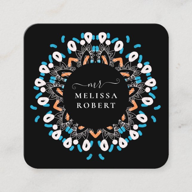 Beautiful Blue Floral Mandala Marble Monogrammed Square Business Card (Front)