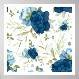 Beautiful Blue Floral Seamless Pattern Poster