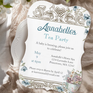 Beautiful Blue Floral Tea Party Baby Shower Invitation