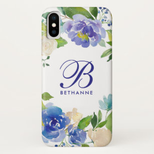 Beautiful Blue Floral Watercolor Stylish Monogram Case-Mate iPhone Case