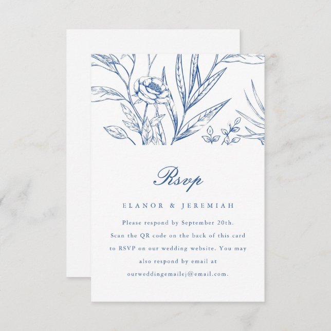 Beautiful Blue Floral Wedding RSVP with QR Code (Front/Back)