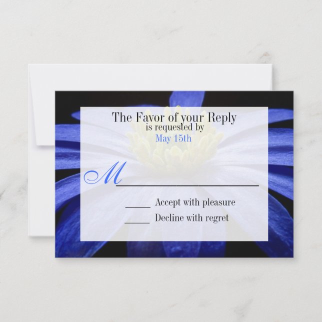 Beautiful Blue Flower on Black Wedding RSVP Cards (Front)