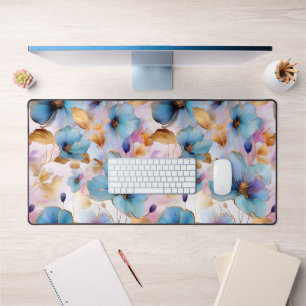 Beautiful Blue Flowers Alcohol Ink in Soft Pastels Desk Mat