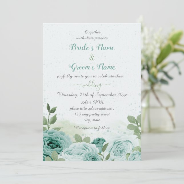 beautiful blue flowers green leaves wedding invitation (Standing Front)