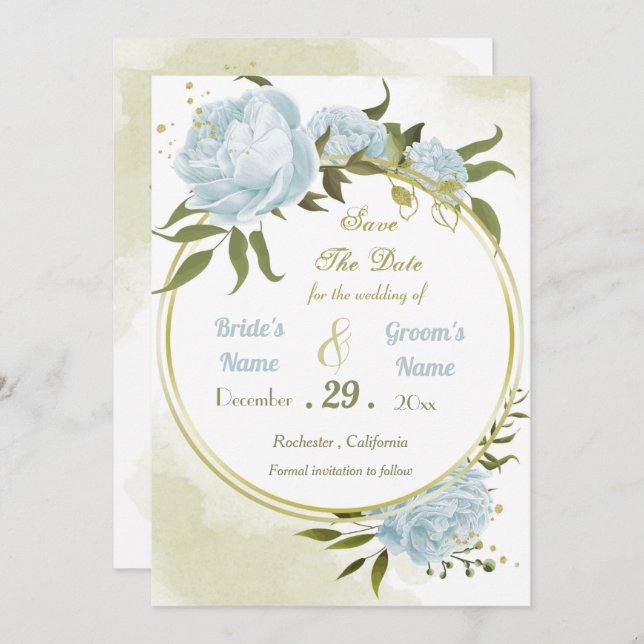 beautiful blue flowers green leaves wreath save the date (Front/Back)