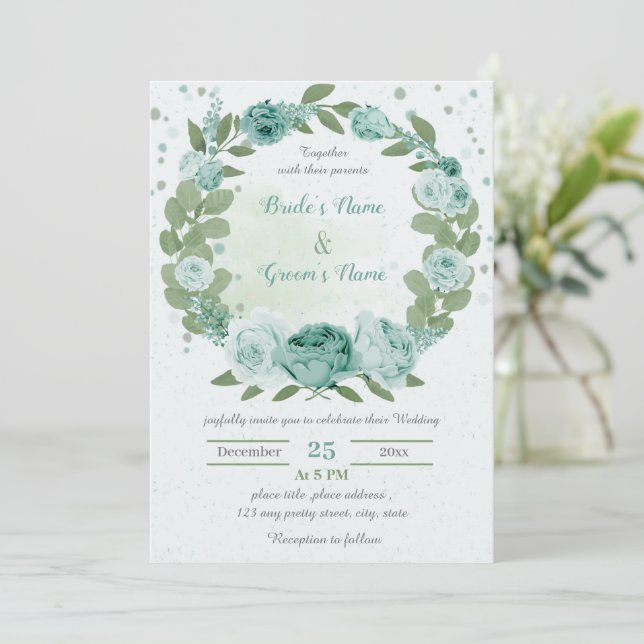 beautiful blue flowers greenery wreath wedding invitation (Standing Front)