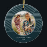 Beautiful Blue Geometric Pattern Photo Christmas Ceramic Ornament<br><div class="desc">This beautiful winter blue holiday ornament features a centre circular framed photo,  and name and year in simple white typography. This trendy ornament features a faux metallic blue striped geometric pattern and a dark blue background. Please view this festive seasonal collection for additional colour options and coordinating Christmas cards.</div>
