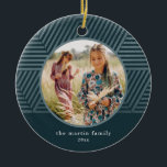 Beautiful Blue Geometric Pattern Photo Christmas Ceramic Ornament<br><div class="desc">This beautiful winter blue holiday ornament features a centre circular framed photo,  and name and year in simple white typography. This trendy ornament features a faux metallic blue striped geometric pattern and a dark blue background. Please view this festive seasonal collection for additional colour options and coordinating Christmas cards.</div>