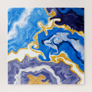 Beautiful Blue, Gold and White Swirls like Water   Jigsaw Puzzle