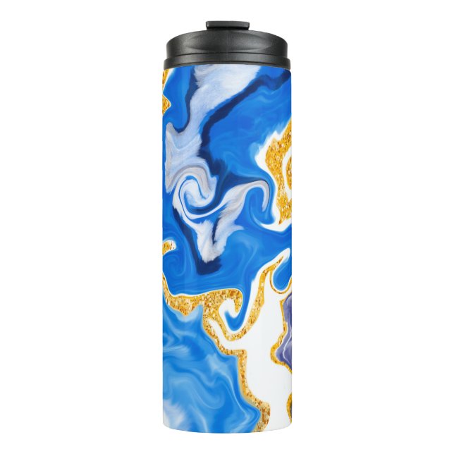 Beautiful Blue, Gold and White Swirls like Water   Thermal Tumbler (Front)