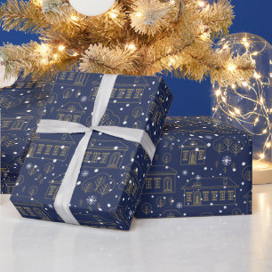 Beautiful Blue Gold Winter Town Pattern Wrapping Paper