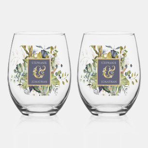 Beautiful Blue & Green Botanical Wedding Stemless Wine Glass