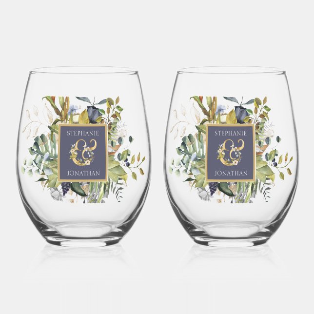 Beautiful Blue & Green Botanical Wedding Stemless Wine Glass (Front)