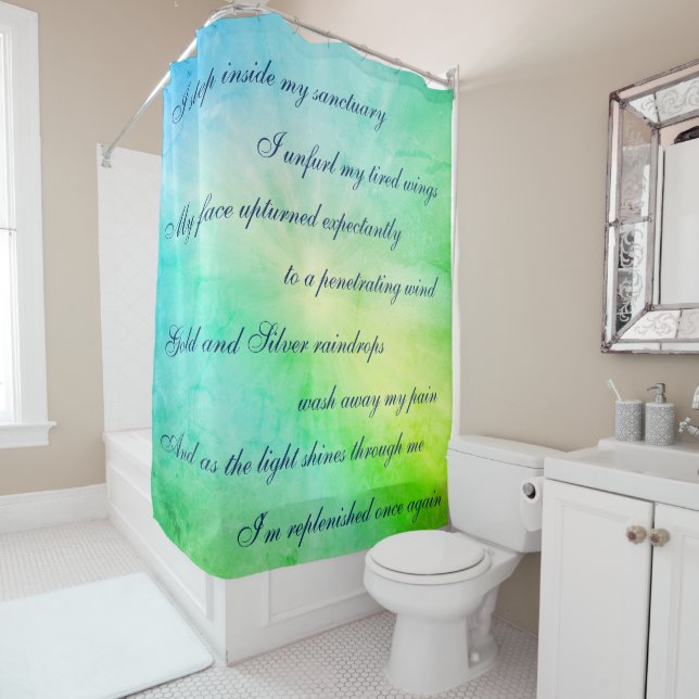 Beautiful Blue / Green Cleansing Mantra design Shower Curtain (In Situ)