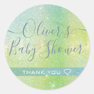 Beautiful Blue Green Glitter Baby Shower Thank You Classic Round Sticker
