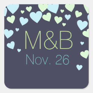 beautiful blue & green love hearts wedding  square sticker