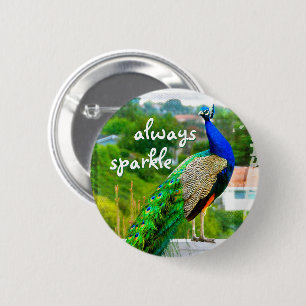 Beautiful Blue Green Peacock Always Sparkle Quote 6 Cm Round Badge