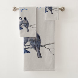 Beautiful Blue Grey Birds on a Branch Custom Name Bath Towel Set