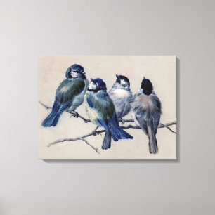 Beautiful Blue Grey Birds on a Branch Watercolor Canvas Print