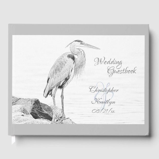 Beautiful Blue Heron Water Bird Sketch Wedding Guest Book (Front)