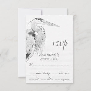 Beautiful Blue Heron Water Bird Sketch Wedding RSVP Card