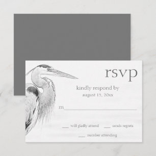 Beautiful Blue Heron Water Bird Sketch Wedding RSVP Card