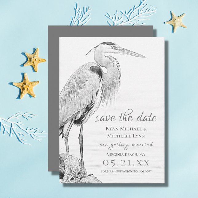 Beautiful Blue Heron Water Bird Sketch Wedding Save The Date (Creator Uploaded)