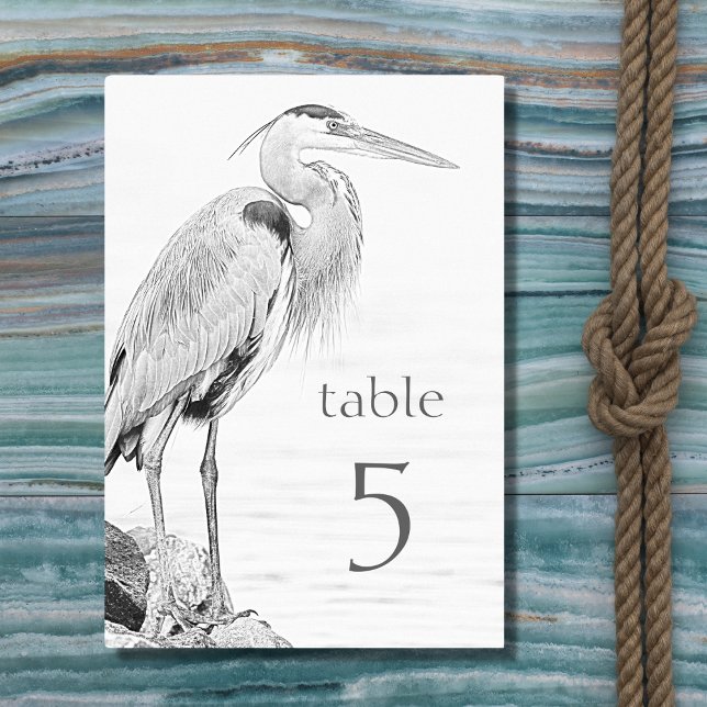 Beautiful Blue Heron Water Bird Sketch Wedding Table Number (Creator Uploaded)
