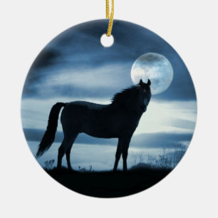 Beautiful Blue Horse and Moon Ceramic Ornament