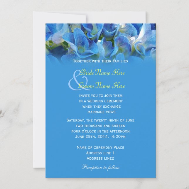 Beautiful blue hydrangea flowers wedding invitation (Front)