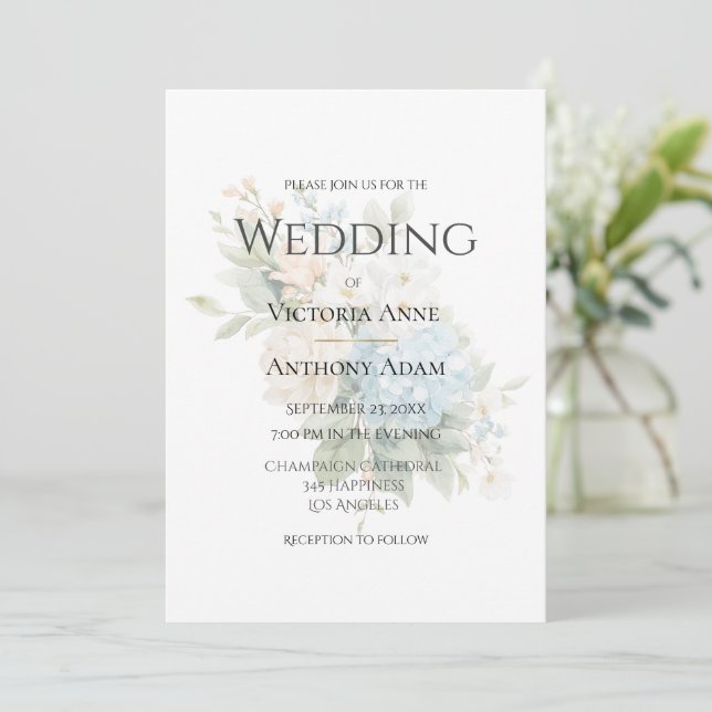 Beautiful Blue Hydrangeas Elegant Wedding  Invitation (Standing Front)