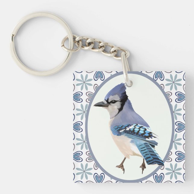 Beautiful Blue Jay Bird Key Ring (Front)