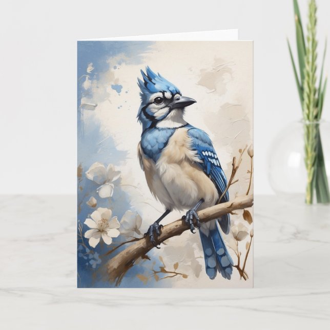 Beautiful Blue Jay Sitting on Tree Flowers Blank Card (Front)