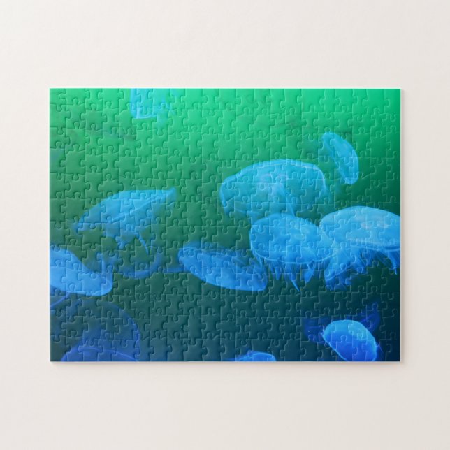 Beautiful Blue Jellyfish in Green Water Jigsaw Puzzle (Horizontal)