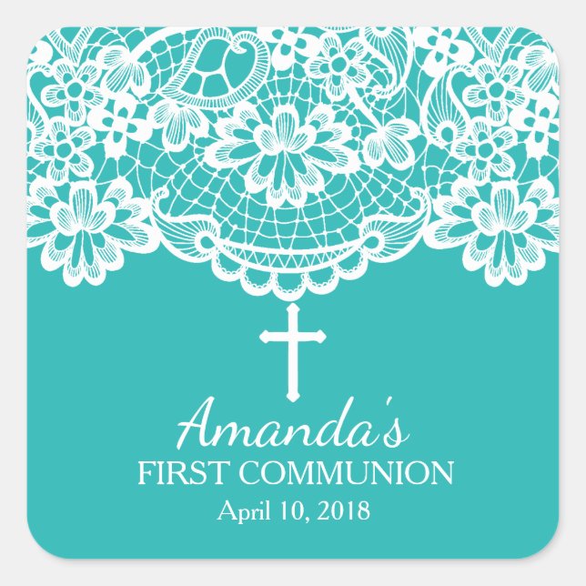 Beautiful Blue Lace First Holy Communion Sticker (Front)