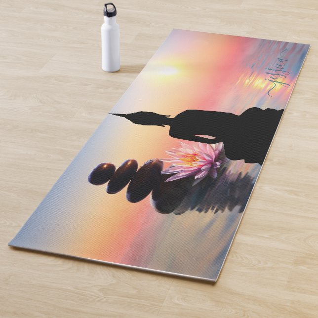 Beautiful Blue Lake Sunset Buddha Custom Name Yoga Mat (In Situ)